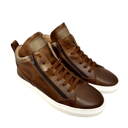 Sneakers artigianale alta in pelle marrone