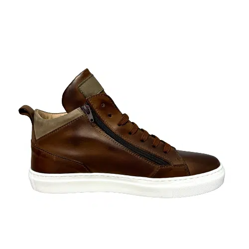 Sneakers artigianale alta in pelle marrone