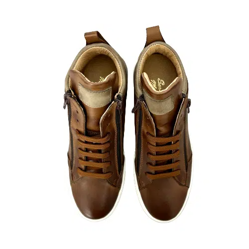 Sneakers artigianale alta in pelle marrone